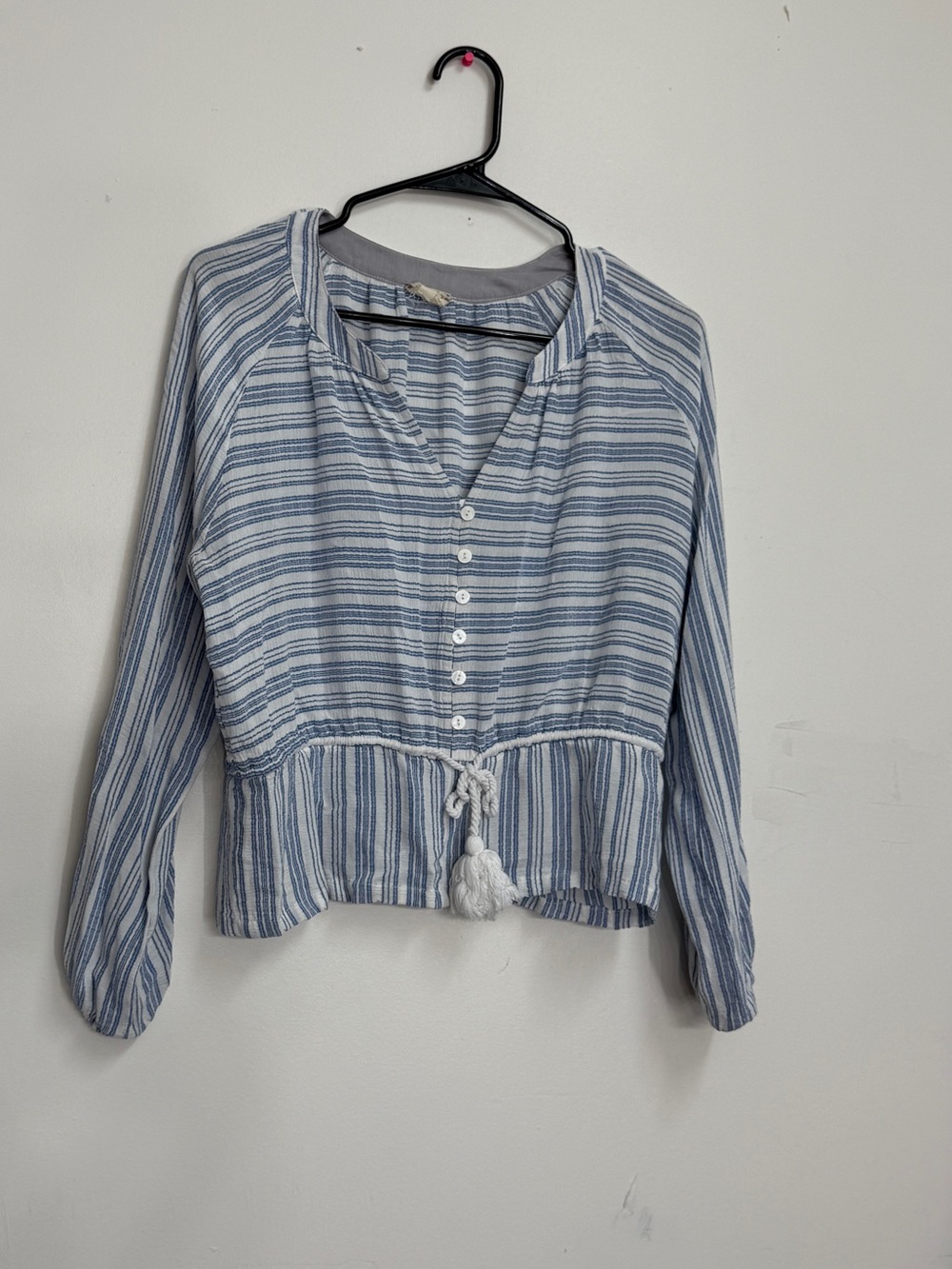 Coastal beachy long sleeve top Hem & thread striped relaxed blouse drawstring